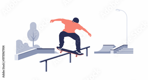 A young man performing a professional skateboard grind trick on a metal rail in a skatepark. EPS Editable. Vector Illustrations.