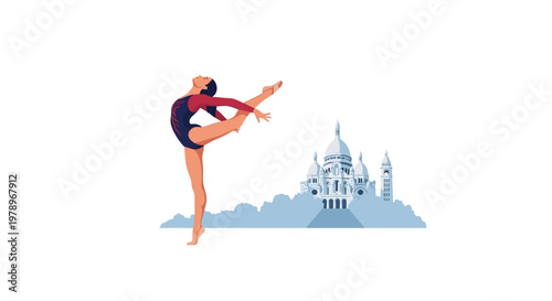 A young female rhythmic gymnast performing a graceful balance pose in a leotard. EPS Editable. Vector Illustrations.