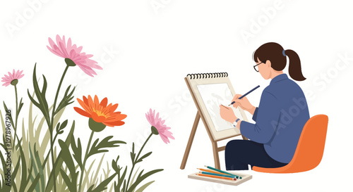 A young woman sitting on a chair and drawing in a sketchbook in a meadow. EPS Editable. Vector Illustrations.