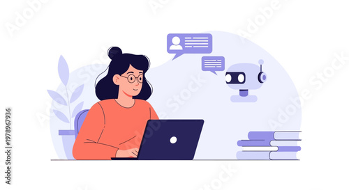 A young woman using a laptop computer to chat with an artificial intelligence robot. EPS Editable. Vector Illustrations.