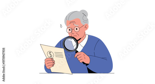 An elderly woman examining a financial document with a magnifying glass. EPS Editable. Vector Illustrations.