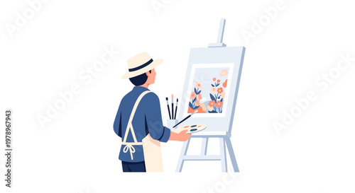 An artist painting a floral landscape on a canvas on an easel. EPS Editable. Vector Illustrations.