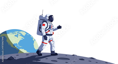 Astronaut in a full spacesuit walking during a space exploration mission. EPS Editable. Vector Illustrations.