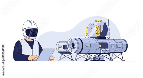 Astronaut Engineer Monitoring Space Station Construction Project. EPS Editable. Vector Illustrations.