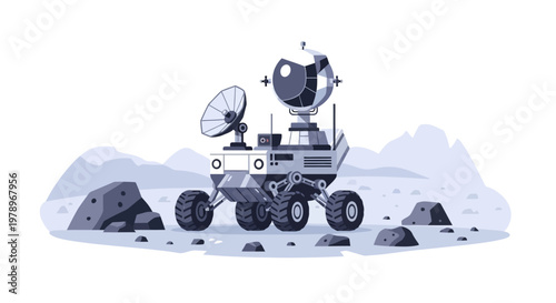 Automated planetary exploration rover vehicle on lunar surface. EPS Editable. Vector Illustrations.