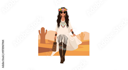 Bohemian fashion model walking with long dark hair and accessories. EPS Editable. Vector Illustrations.
