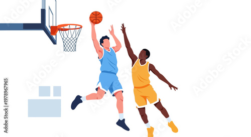 Basketball players competing for a slam dunk shot. EPS Editable. Vector Illustrations.