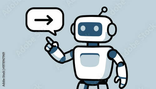 Cute robot character pointing to arrow in speech bubble