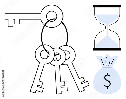 Security, investment, savings planning, time management, wealth access, financial strategy. Keys with hourglass and money bag icon. Security and investment concept