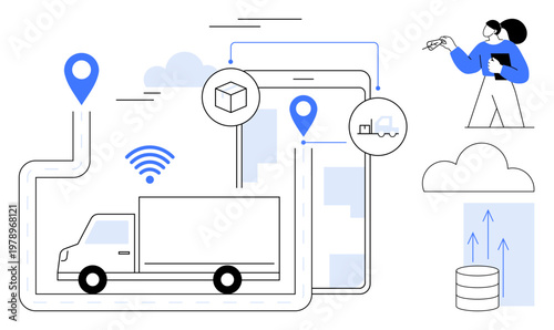 Supply chain management, logistics tracking, transportation efficiency, cloud storage, data analytics, delivery optimization. Illustration of truck, GPS pins, person with clipboard and cloud