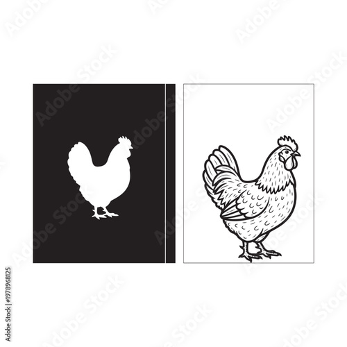 Black and white illustration of a chicken on white background