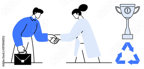 Business partnership. Handshake, trophy symbol, and recycling icon convey collaboration, achievement, and sustainability. Business partnership fosters success in environmental awareness, teamwork