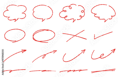 手書きの吹き出しや矢印とアンダーライン 赤ペンで描いた記号とあしらいのセット