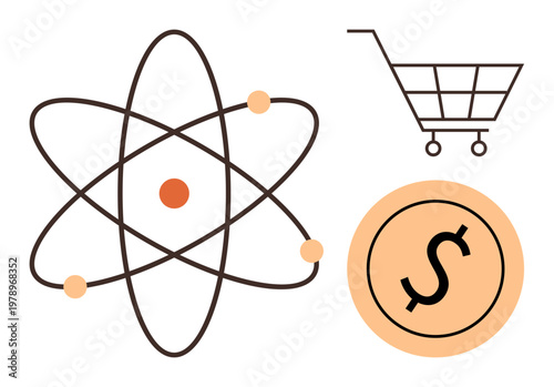 Science innovation, online shopping, financial growth, economic studies, digital commerce, retail market. Atom design, shopping cart and dollar sign. Science innovation and online shopping focus