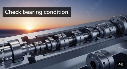 Detailed view of a complex mechanical bearing system with sunrise in the background.