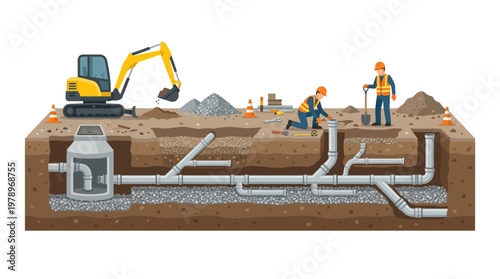 Underground Pipe Installation and Sewerage System Construction Site Illustration with Excavator and Workers