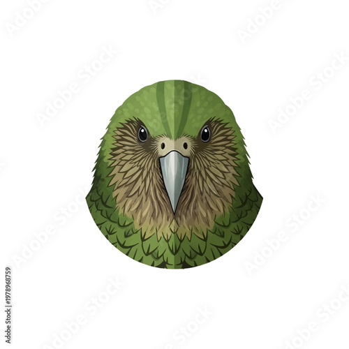 Minimalist Kākāpō parrot head icon illustration, a unique New Zealand bird with vibrant green feathers and a distinctive look