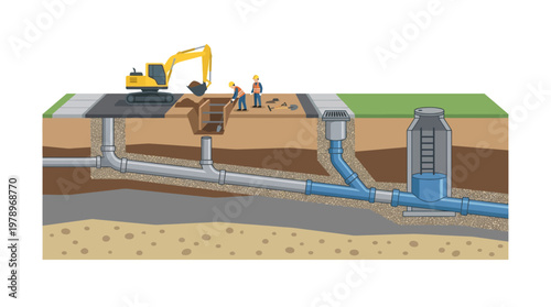 Underground Infrastructure Construction Cross-Section Illustration with Excavator and Workers Installing Sewer and Water Pipes