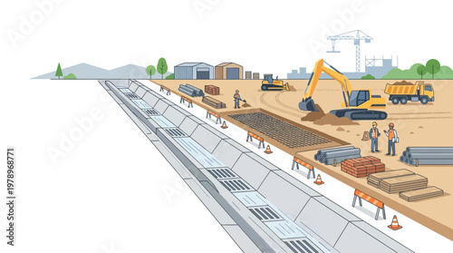 Construction Site Infrastructure Development with Workers, Excavator, and Stormwater Drainage System Vector Illustration