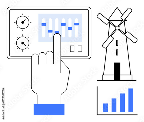Renewable energy, technology interface, energy efficiency, sustainable solutions, environmental innovation, data analysis. A hand adjusts settings on a control panel with a wind turbine and growth