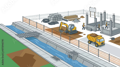 Isometric Construction Site Illustration Featuring Heavy Machinery, Workers, and Urban Drainage Infrastructure