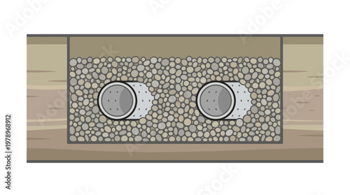 Cross-Section Illustration of a French Drain and Septic System Leach Field with Perforated Pipes in Gravel Trench
