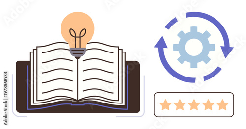 Education, innovation, idea generation, productivity, knowledge sharing, process improvement. Open book with lightbulb and gear symbol. Education and innovation concept