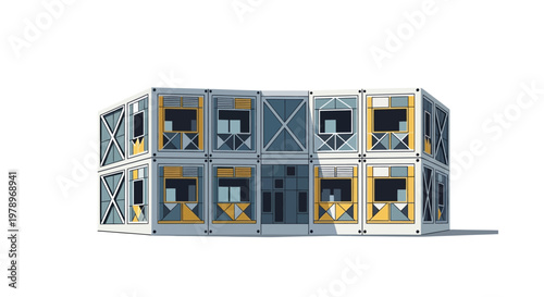 Modern Modular Shipping Container Building Illustration: Sustainable Architecture for Residential or Office Use on White Background