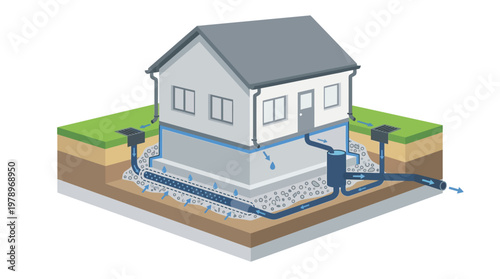 House Foundation Drainage System Illustration: Cross-Section Showing Perimeter French Drain, Sump Pump, and Exterior Waterproofing for Basement Protection