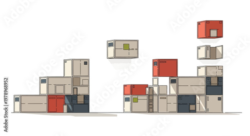 Abstract Modular Container Housing Illustration with Stackable Prefab Homes for Sustainable Urban Architecture and Modern Real Estate Concepts