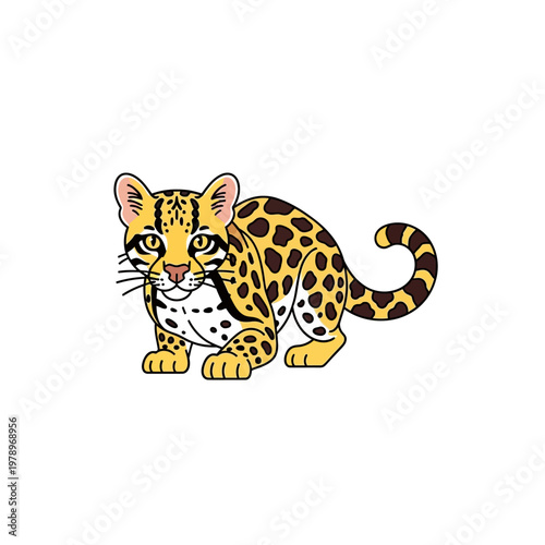 Small spotted wild cat with yellow and black fur, often mistaken for a jaguarundi, rendered in a minimalist illustration style, isolated on white background