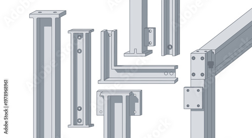Technical Isometric Illustration of Industrial Metal Beam Profiles and Structural Framing Connectors for Construction Engineering