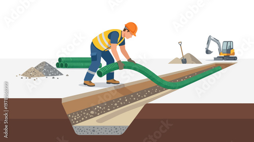 Construction worker laying a green drainage pipe in a trench for an underground sewer or drainage system, flat vector illustration.