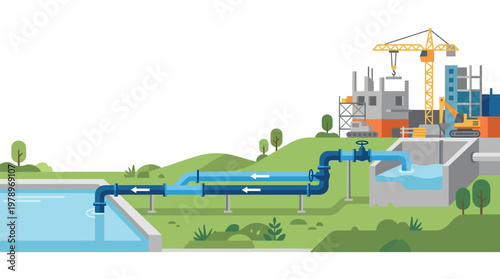 Industrial Water Management Infrastructure Illustration with Pipes and Construction Site