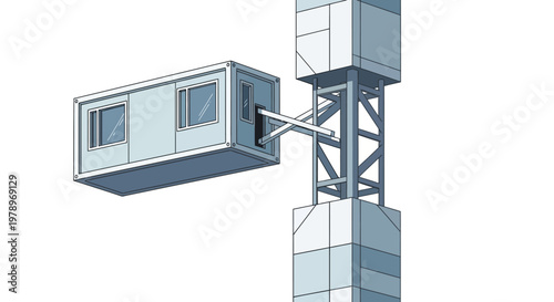 Futuristic Modular Shipping Container Office or Home Design Illustration, Sustainable Vertical Urban Architecture Concept with Cantilevered Industrial Unit on Tower