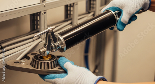 Mechanic applying grease to a bearing with a grease gun.