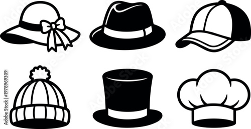Six different hat styles including sun hat bow and chef hat