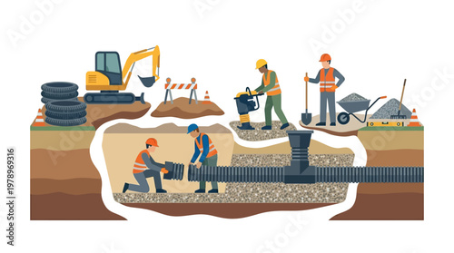 Construction Workers Installing Underground Pipeline with Excavator and Machinery Vector Illustration