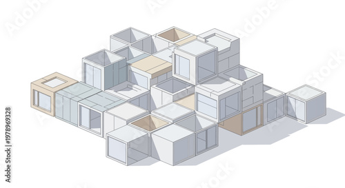 Isometric 3D Illustration of Modular Housing Units and Prefabricated Architectural Blocks for Modern Urban Planning and Sustainable Construction Concept