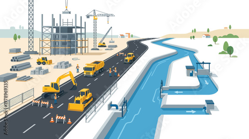 Civil Engineering and Infrastructure Construction Site Illustration with Road Work, Building Development, Heavy Machinery, and Water Irrigation Systems