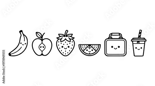 Cute cartoon fruits and lunchbox vector illustration set