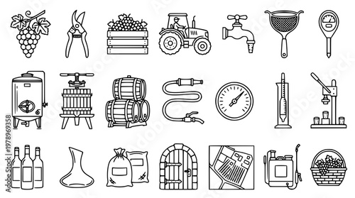 Wine production process vector graphics and illustrations set