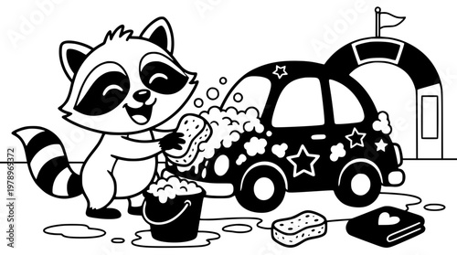 Raccoon washing a car with soap and a sponge outside