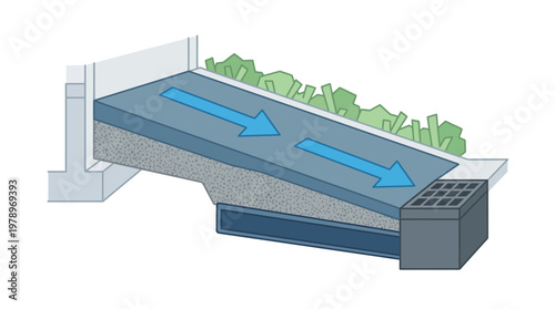 Cross-section illustration of a paved driveway showing surface water drainage flow towards a storm drain and catch basin for infrastructure and construction planning.