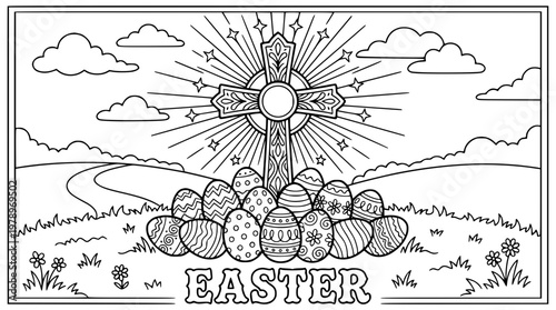 Easter celebration with cross and decorated eggs outside