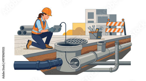 Female Engineer Inspecting Underground Sewer Pipe with Digital Tablet and Camera Probe Illustration