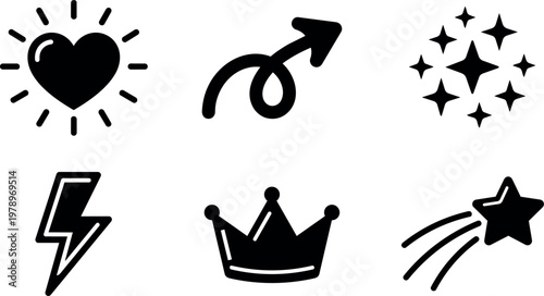 Black heart male gender star spark crown lightning vector icons