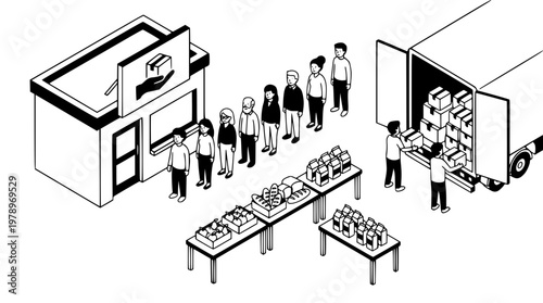 People collecting food and goods from a distribution point