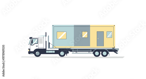 White Flatbed Truck Transporting a Modular Container Tiny House Vector Illustration