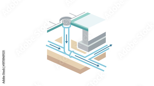 Isometric Diagram of Underground Drainage and Pipe System with Water Flow Arrows